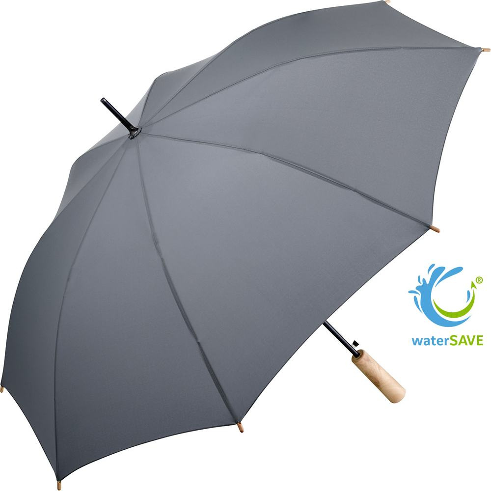 FARE ÖkoBrella automaatne vihmavari taaskasutatud PET-kattega ja puidust käepidemega logoga, hall (waterSAVE®) – tootefoto