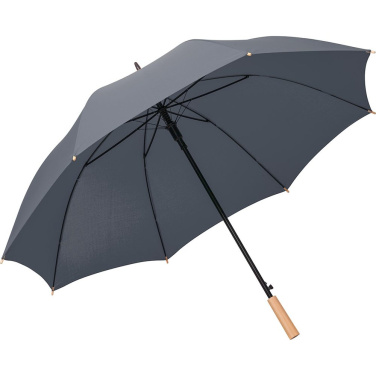 FARE ÖkoBrella automaatne golfivihmavari taaskasutatud PET-kattega ja puidust käepidemega logoga, hall (waterSAVE®) – detailvaade 2