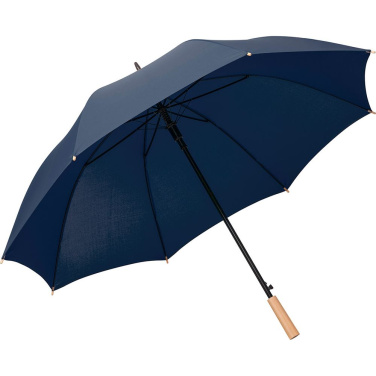 FARE ÖkoBrella automaatne golfivihmavari taaskasutatud PET-kattega ja puidust käepidemega logoga, tumesinine (waterSAVE®) – detailvaade 2