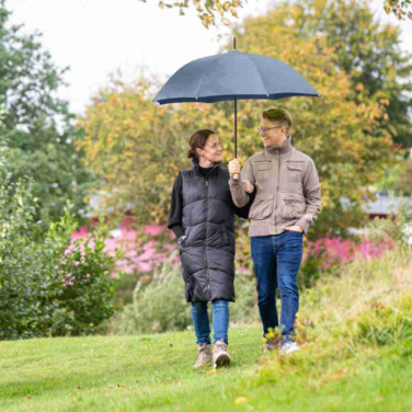 FARE ÖkoBrella automaatne golfivihmavari taaskasutatud PET-kattega ja puidust käepidemega logoga, tumesinine (waterSAVE®) – detailvaade 10