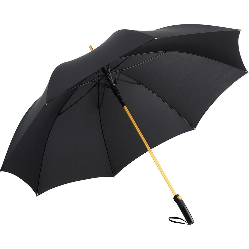 FARE® Precious metallikdetailidega automaatne alumiiniumist golfivihmavari logoga, must / kuldne – tootefoto